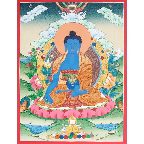 Medicine Buddha Tibetan Thangka Painting 15.5" W x 20.5" H