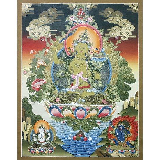 Manjushree Tibetan Thangka Painting 30" W x 39" H 