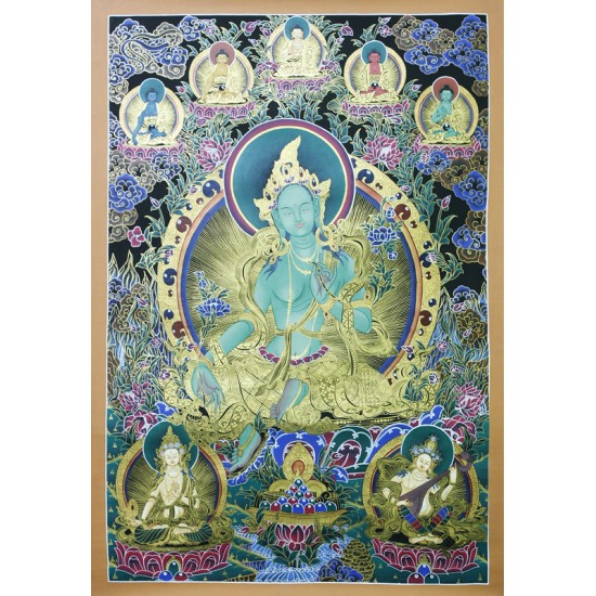 Green Tara Tibetan Thangka Painting 28.5" W x 39" H