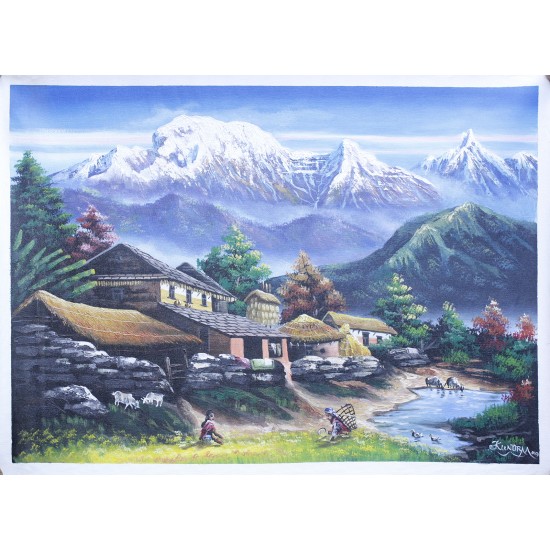 Gurung Village Acrylic Painting 32" W x 24" H 