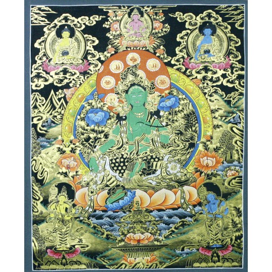 Green Tara Tibetan Thangka Painting 20.5" W x  26.5" H