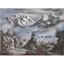 B/W Mt. Everest and Ama Dablam Acrylic Painting 29" W x 22" H