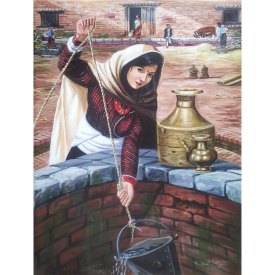 Women Collecting Water From Well Painting 22" W x 32" H