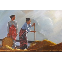 Rice Sun Drying Acrylic Painting 22" W x 32" H