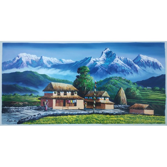 Annapurna Range And Village Acrylic Painting 2ft W x 4ft H