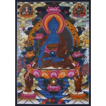 Medicine Buddha Tibetan Thangka Painting 18" W x 26" H