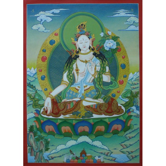 White Tara Thangka Painting 20" W x 26" H