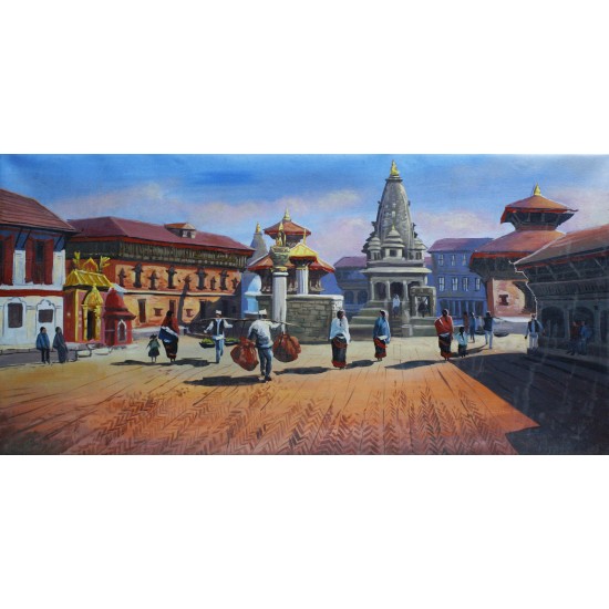 Bhaktapur Durbar Square Acrylic Fine Painting 48" W x 24" H
