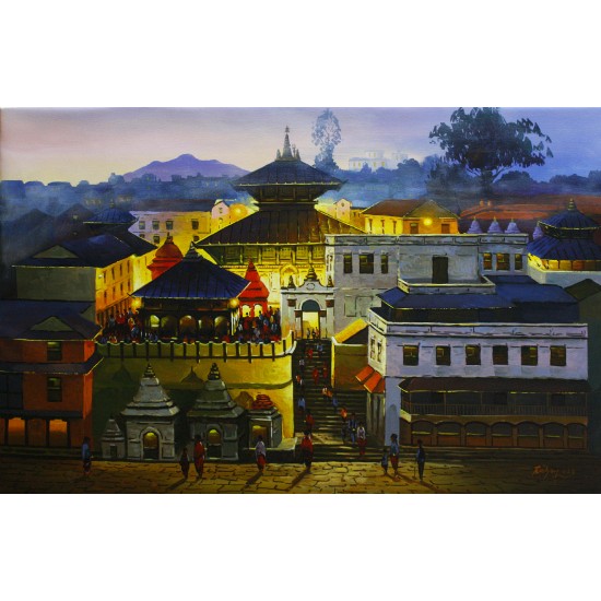 Pashupatinath Temple Acrylic Painting 36" W x 24" H