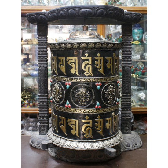 Big Tibetan Wooden Prayer Wheel 23" W x 27" H