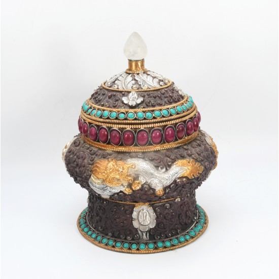 Copper Stone Studded Tibetan Bowl 7" W x 7" H