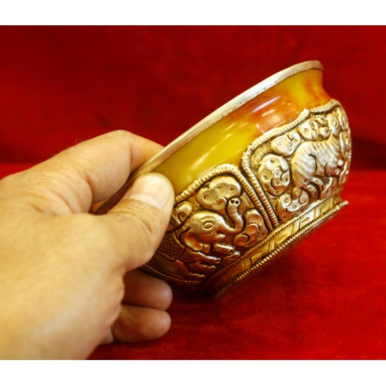 Tibetan Calendar Animals Carved Amber Offering Cup 11.5 cm W x 8 cm H x 7 cm D 