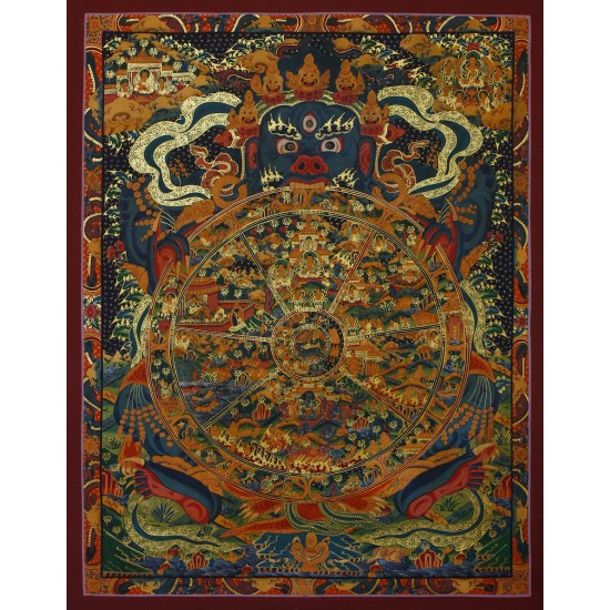 Wheel Of Life Tibetan Thangka Painting 20" W x 26" H