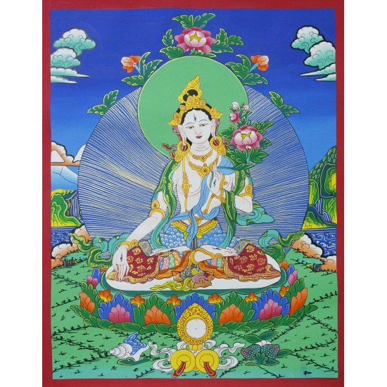 White Tara Tibetan Thangka Painting 20" W x 26" H