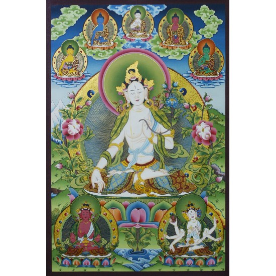White Tara Tibetan Thangka Painting 21" W x 32" H
