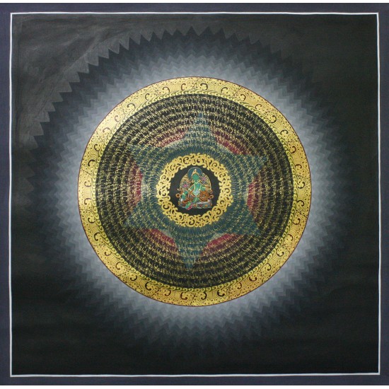 Green Tara Mantra Mandala Thangka Painting 31" W x 31" H