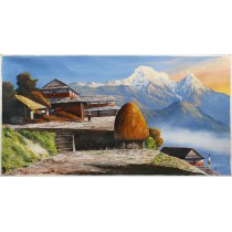 Gurung Village and Annapurna Mountain Range Acrylic Painting 4ft W x 2ft H