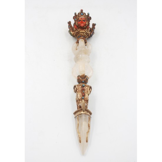 3 Headed Crystal Tibetan Phurba 14" H
