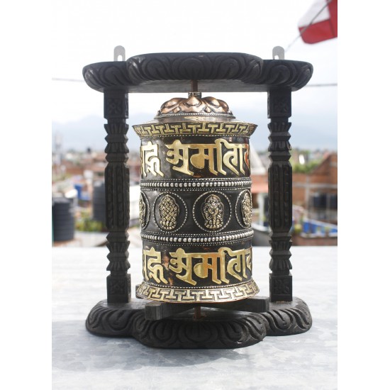 Wooden Wall Hanging Tibetan Prayer Wheel 14" H