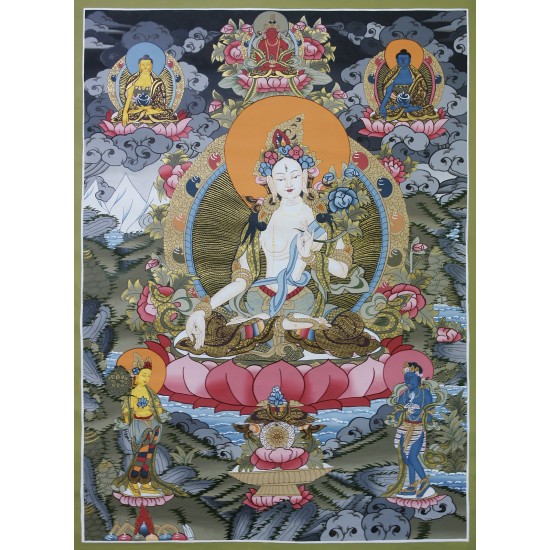 White Tara Tibetan Thangka Painting 24" W x 34" H