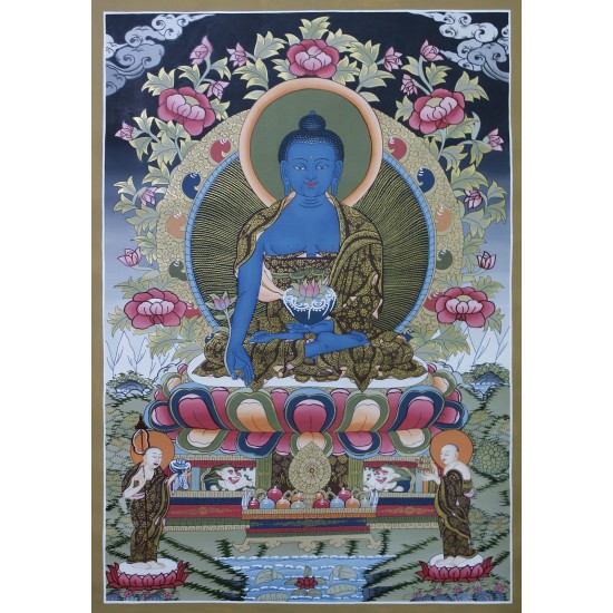 Medicine Buddha Tibetan Thangka Painting 24" W x 34" H