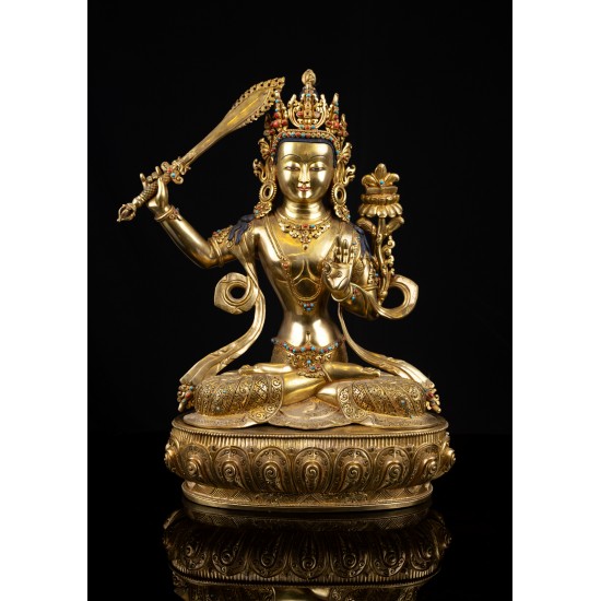 Manjushree Copper Gold Gilded Statue 35 cm W x 44 cm H x 19 cm B
