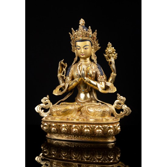 Khacheri (Chenrezig) Copper Gold Gilded Statue 28 cm W x 34.5 cm H x 15 cm B
