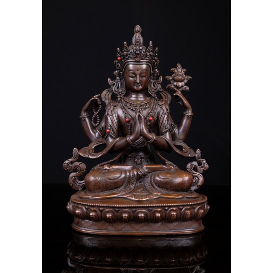 Khacheri (Chenrezig) Copper Antique Oxidized Statue 17.5 cm W x 22 cm H x 10 cm B