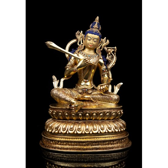 Manjushree Full Gold Gilded Copper Statue 25 cm W x 38 cm H x 20 cm B