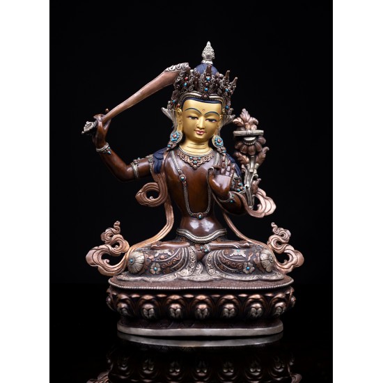 Manjushree Silver Gilded Copper Oxidized Statue 25 cm W x 35 cm H x 15 cm B