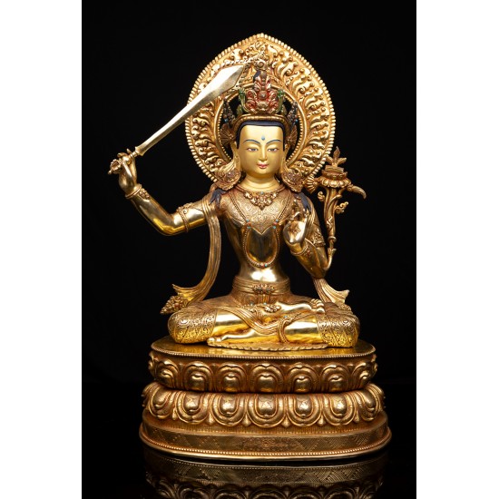 Manjushree Full Gold Gilded Copper Statue 35 cm W x 52 cm H x 20 cm B