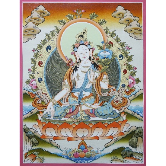White Tara Tibetan Thangka Painting 20.5" W x 26" H