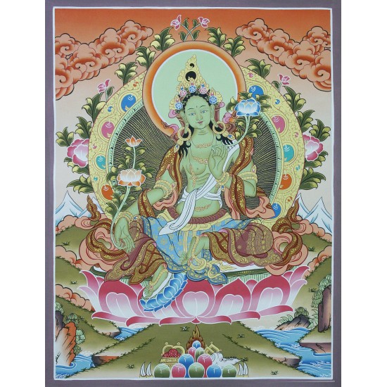 Green Tara Tibetan Thangka Painting 20.5" W x 26" H