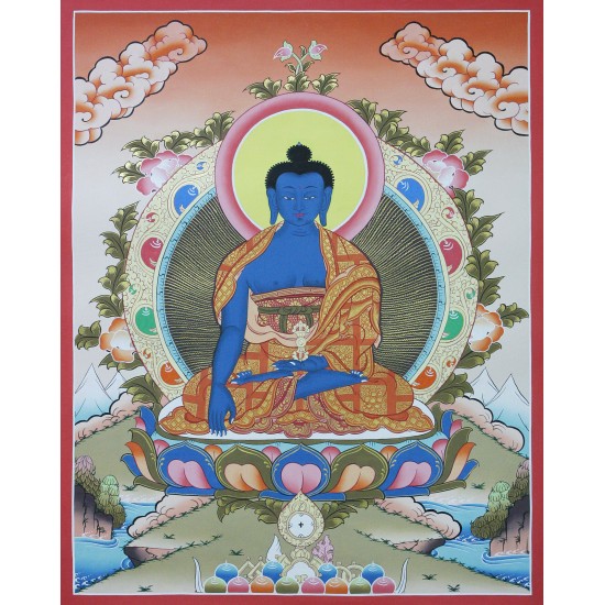 Medicine Buddha Tibetan Thangka Painting 20.5" W x 26" H
