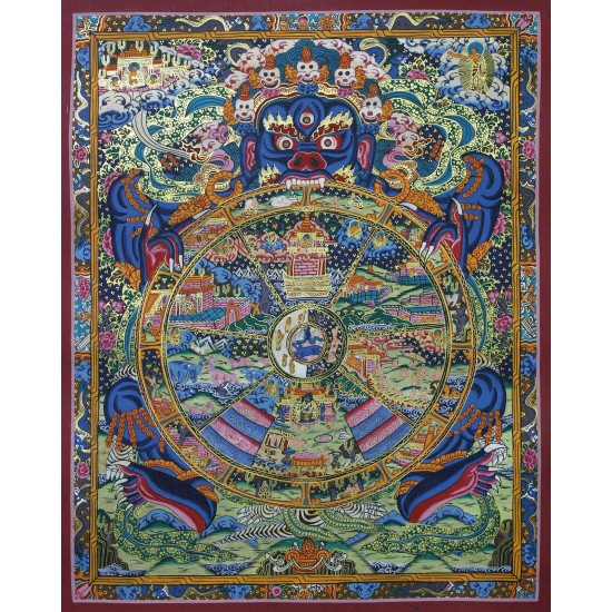 Wheel Of Life Tibetan Thangka Painting 17.5" W x 21" H