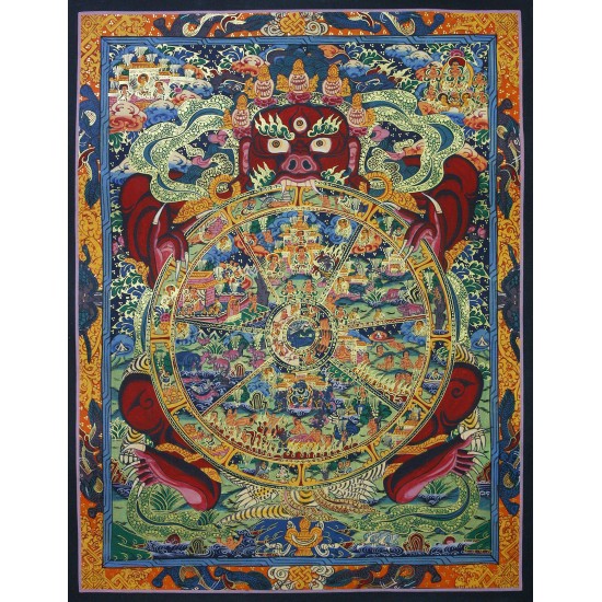 Wheel Of Life Tibetan Thangka Painting 17.5" W x 21" H