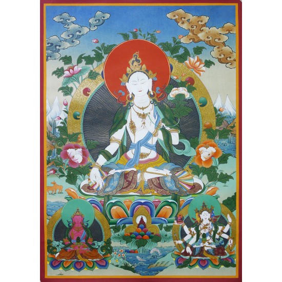 White Tara Tibetan Thangka Painting 22" W x 30.5" H