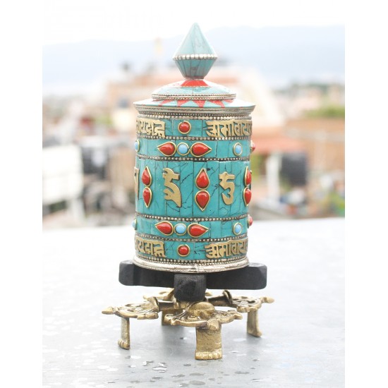 Stone Studded Antique Table Prayer Wheel 