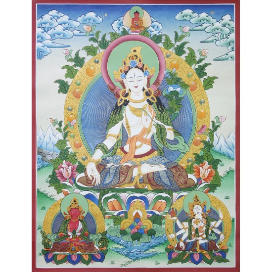 White Tara Tibetan Thangka Painting 20" W x 25" H
