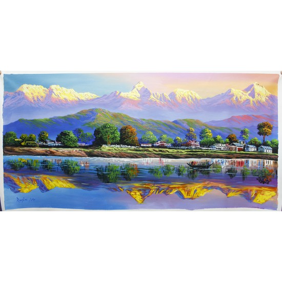 Fewa Lake and Mount Macchapuchre Acrylic Painting 4ft W x 2.5ft H