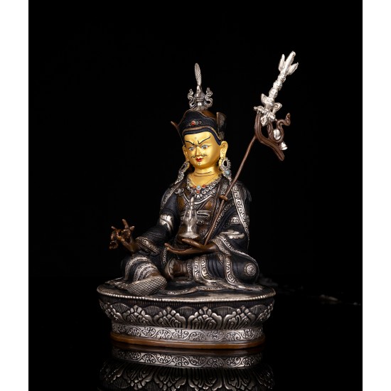Guru Padmasambhava Silver Plated Copper Statue 15 cm W x 23 cm H x 10 cm B