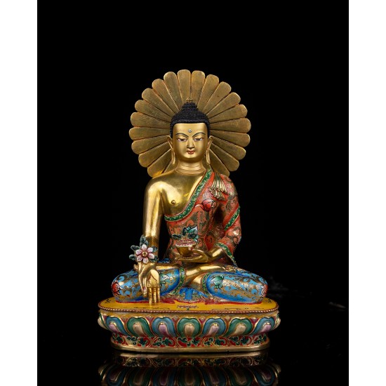 Medicine Buddha Full Gold Gilded Copper Statue 15 cm W x 26 cm H x 10 cm B