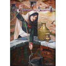 Traditonal Well And Women Acrylic Painting 16" W x 24" H