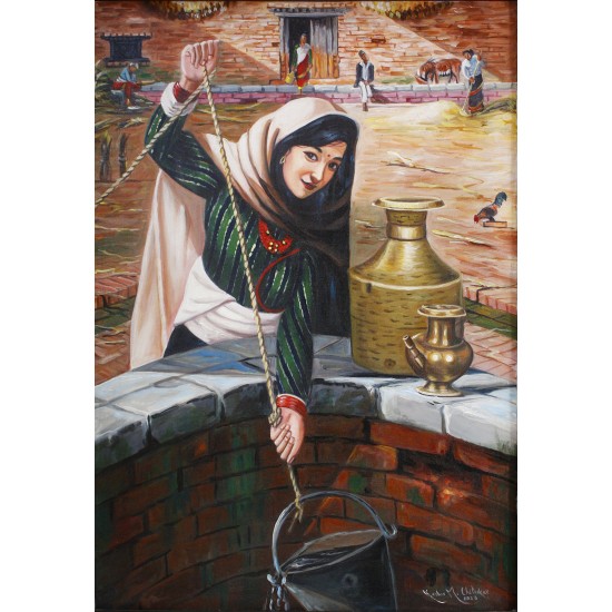 Traditonal Well And Women Acrylic Painting 16" W x 24" H
