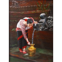 Traditonal Water Fountain Stone Tap And Women Acrylic Painting 16" W x 24" H