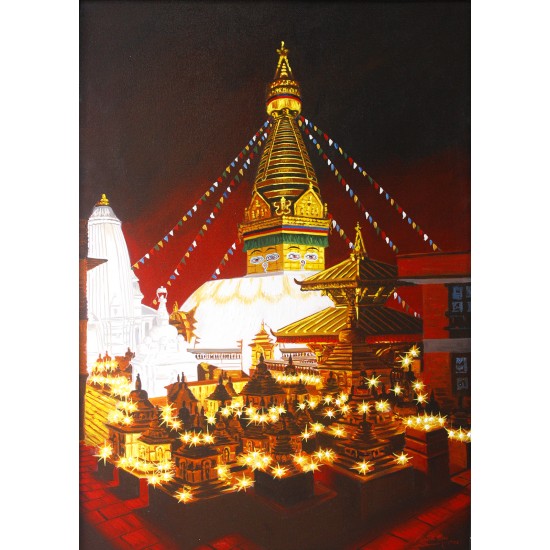 Swoyambhu Stupa Acrylic Painting 22" W x 32" H 