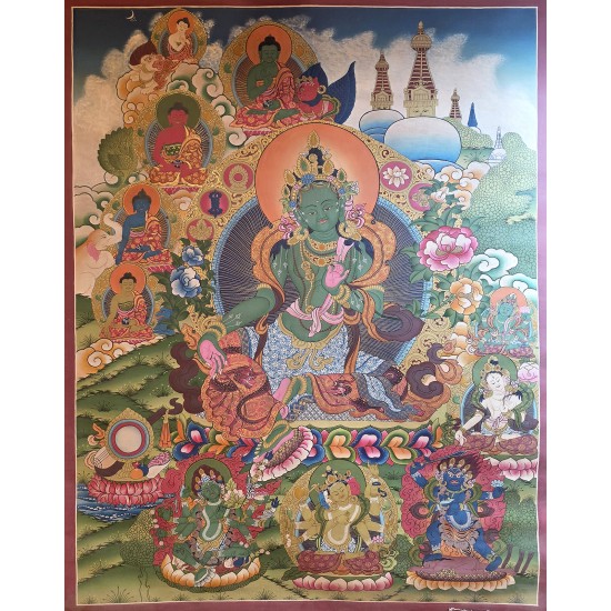 Green Tara Tibetan Thangka Painting 75 cm W x 95 cm H